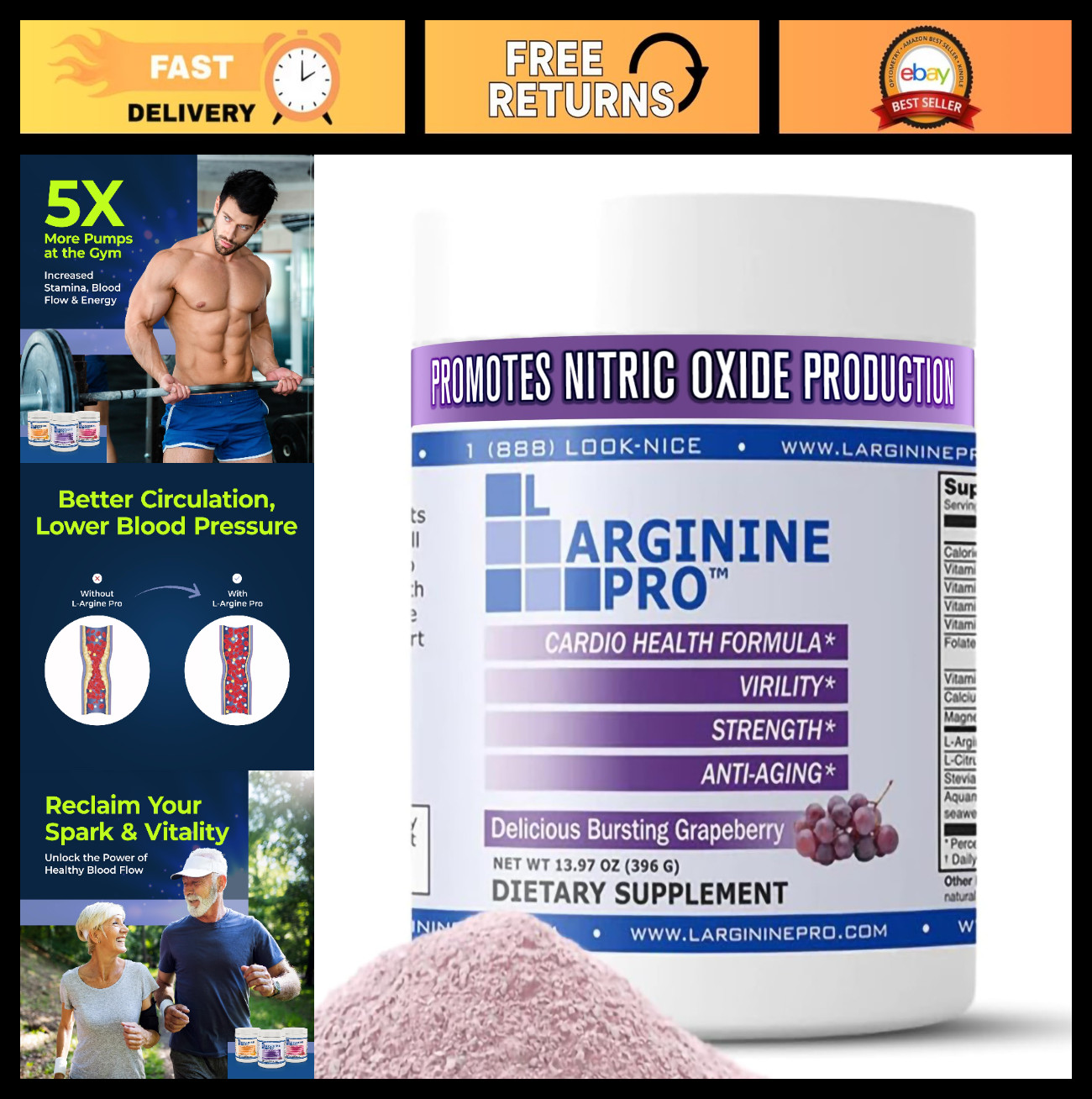 L-Arginine 5500mg + Citrulline 1100mg | Nitric Oxide Booster for Energy & Blood