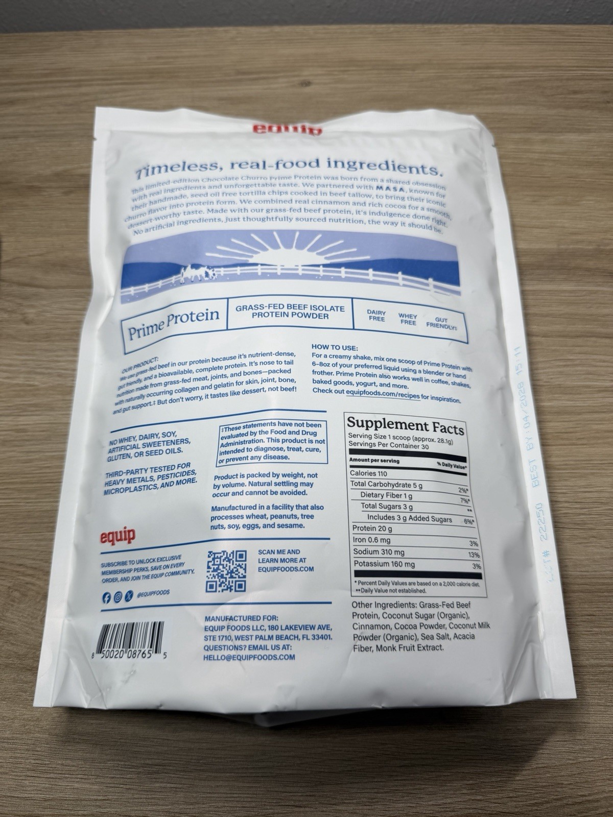 Equip Prime Protein Grass-Fed Beef Isolate Powder MASA Chocolate Churro 4/28