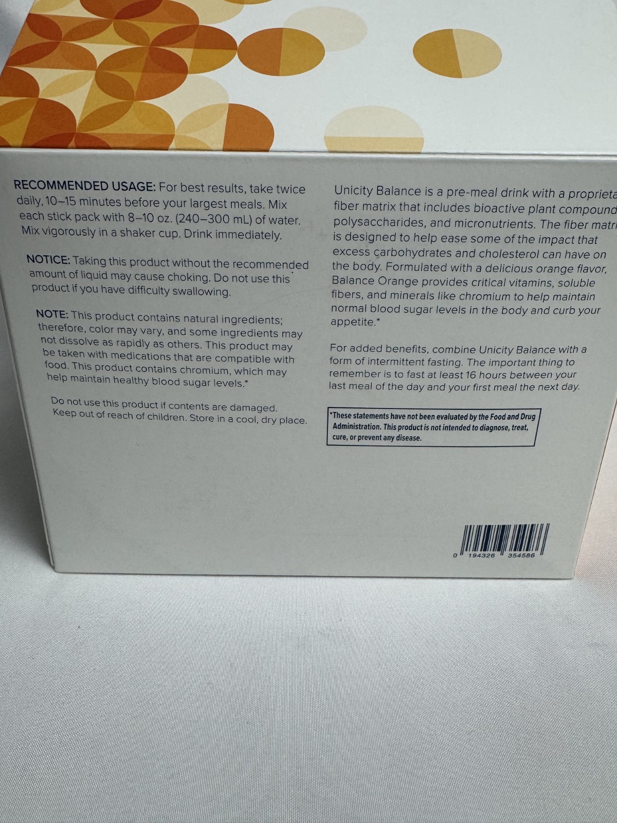 Unicity Balance Natural Orange Fiber Drink Mix 15 Pack Blood Sugar Support NEW