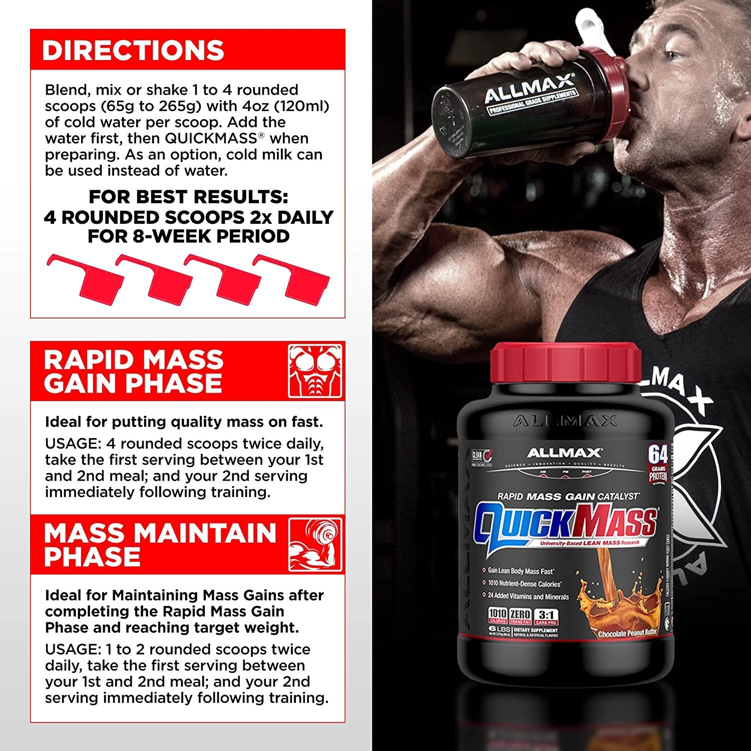 Allmax Quickmass Chocolate Weight Gain Powder Supplement 3.5 LBS, Exp:27JN