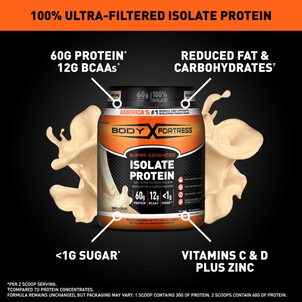 Body Fortress Isolate Protein Powder, Vanilla, 1.5 lbs, 60g High Protein, BCAAs
