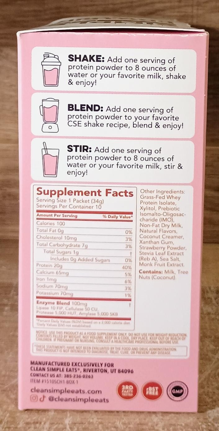 Clean Simple Eats Protein Powder Strawberry Cheesecake 10 Stick Packs 12oz