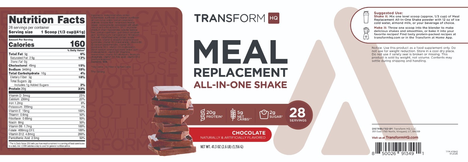 TransformHQ Meal Replacement Shake Powder 28 Servings (Chocolate) – Gluten Free