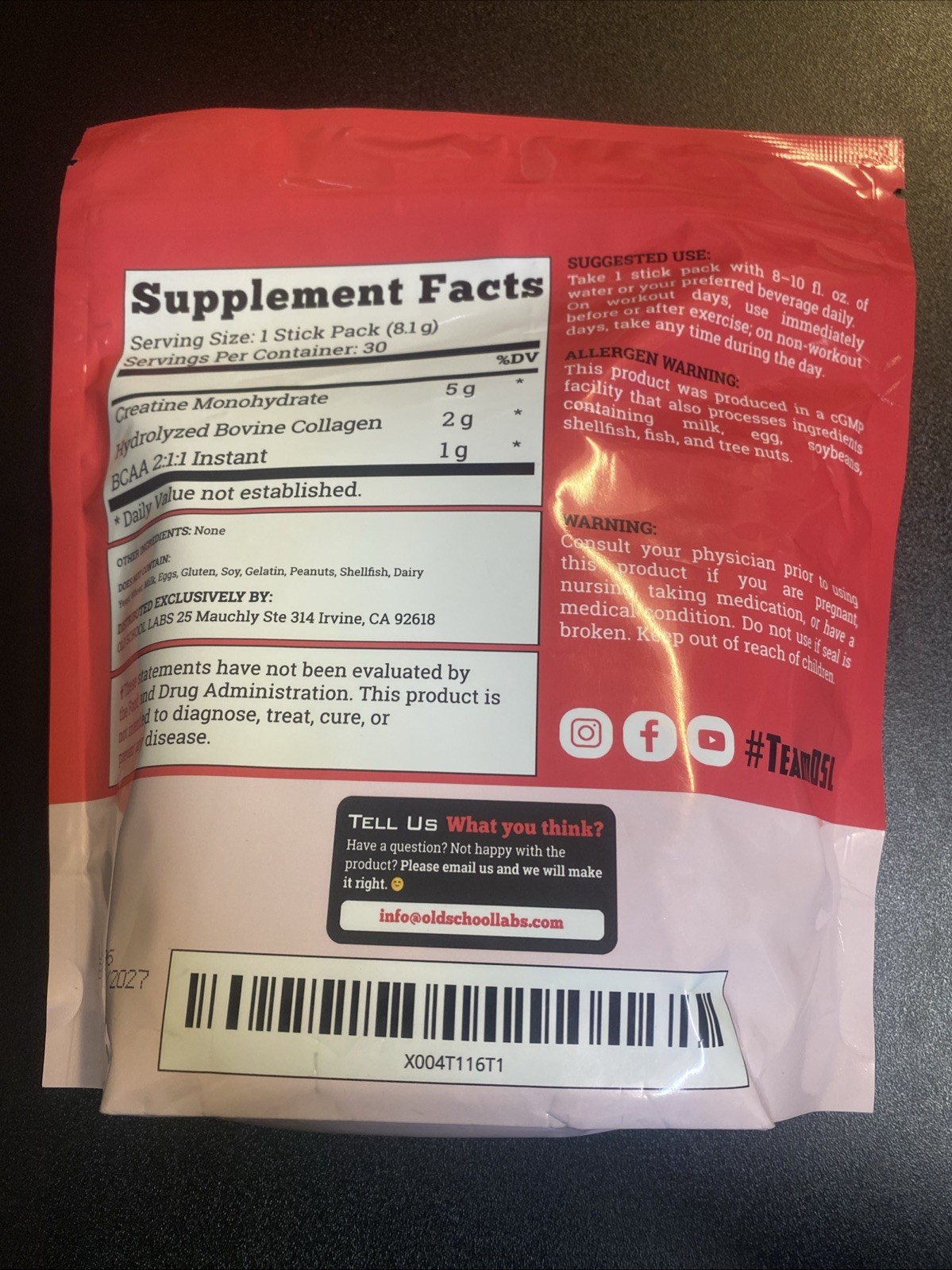 Old School Labs Creatine Monohydrate Collagen Made For Women 30 Stick Packs No