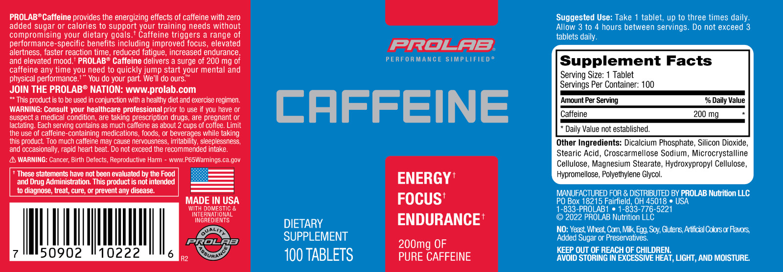 Prolab Caffeine Tablets 200mg 100ct. | Energy Support, Helps Enhance Endurance