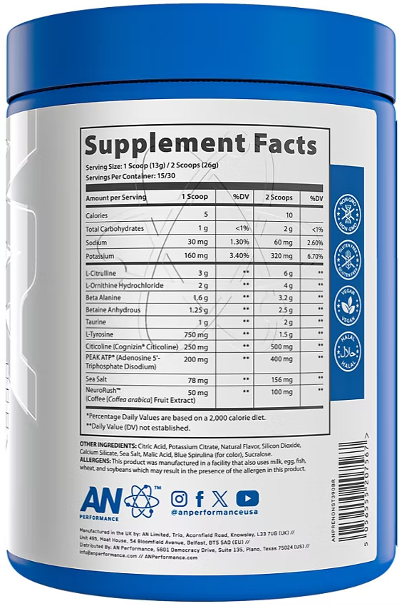 Pre-Workout with Zero Caffeine – Blue Raspberry (13.75 Oz. / 30 Servings)