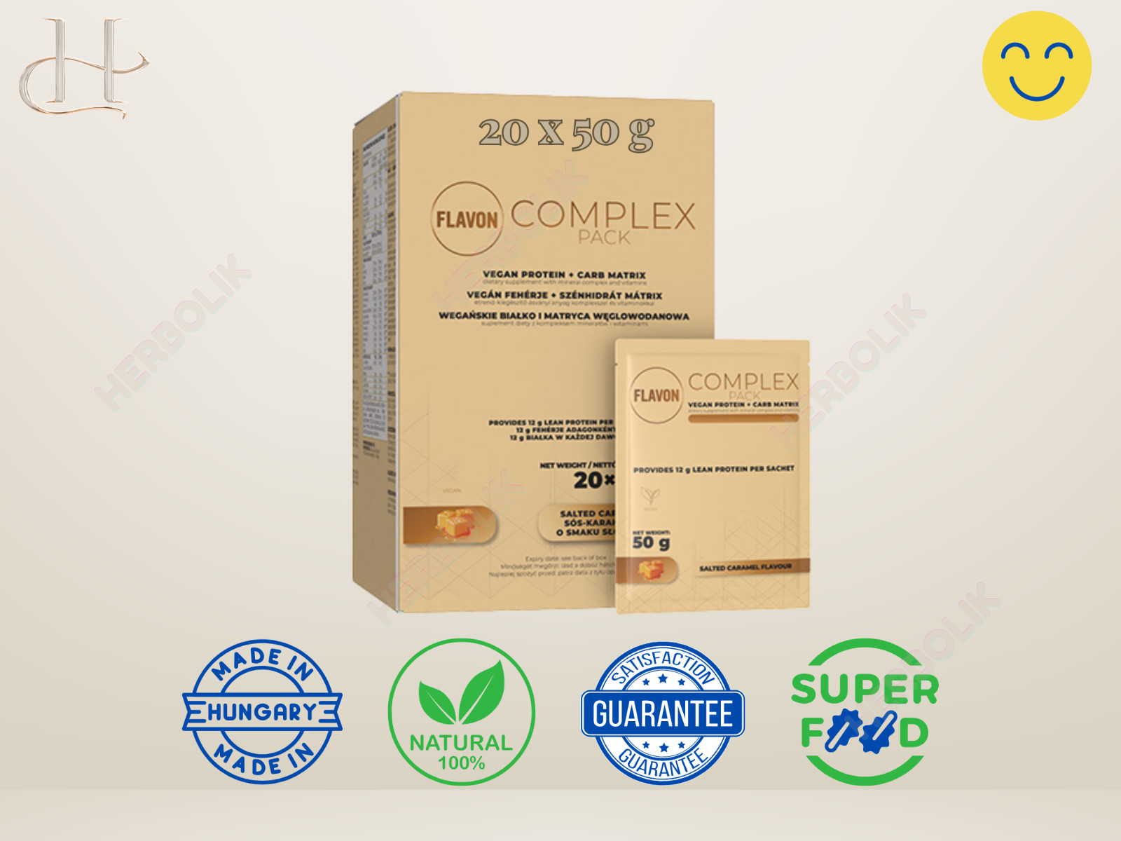 Flavon Fitness Complex – Vegan Protein Blend 20 Sachets – Salted Caramel Flavor