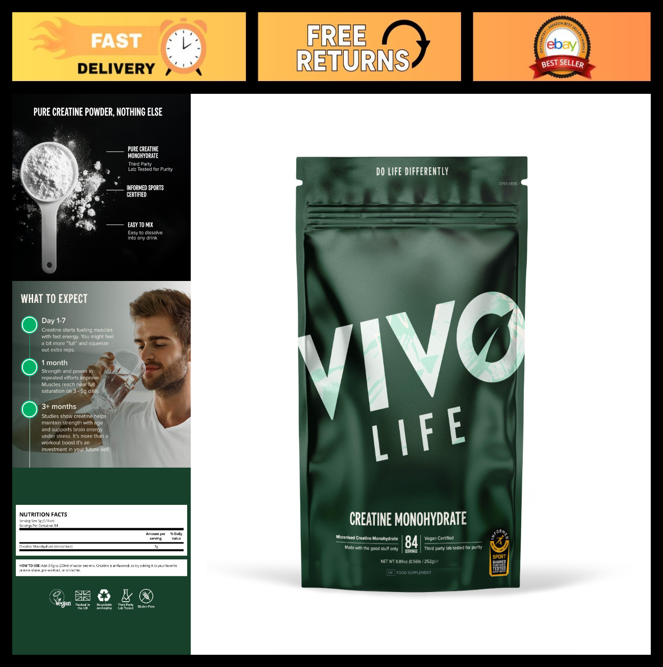 Micronized Creatine Monohydrate Powder – Unflavored, Vegan, 84 Servings (8.8 oz)