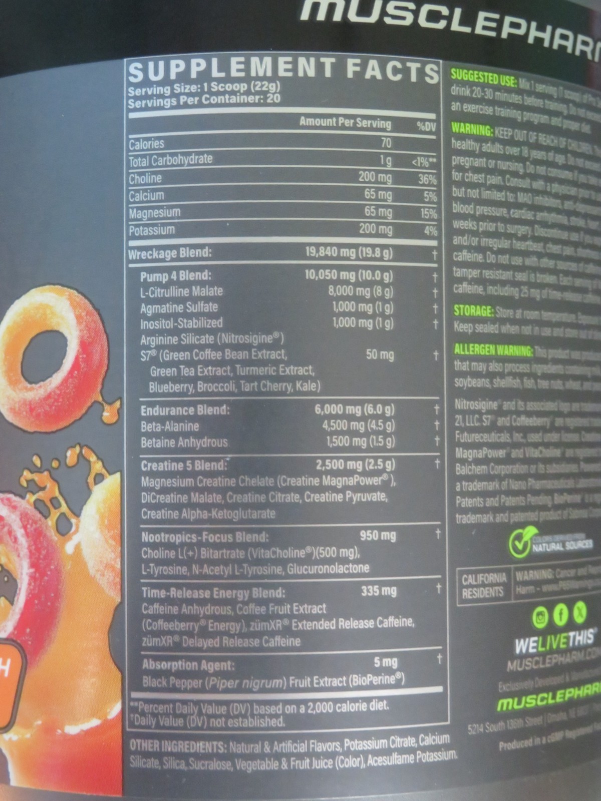 MusclePharm MP Pro Series Wreckage Pre-Workout 15.5 Oz 20 Servs Sour Peach Rings