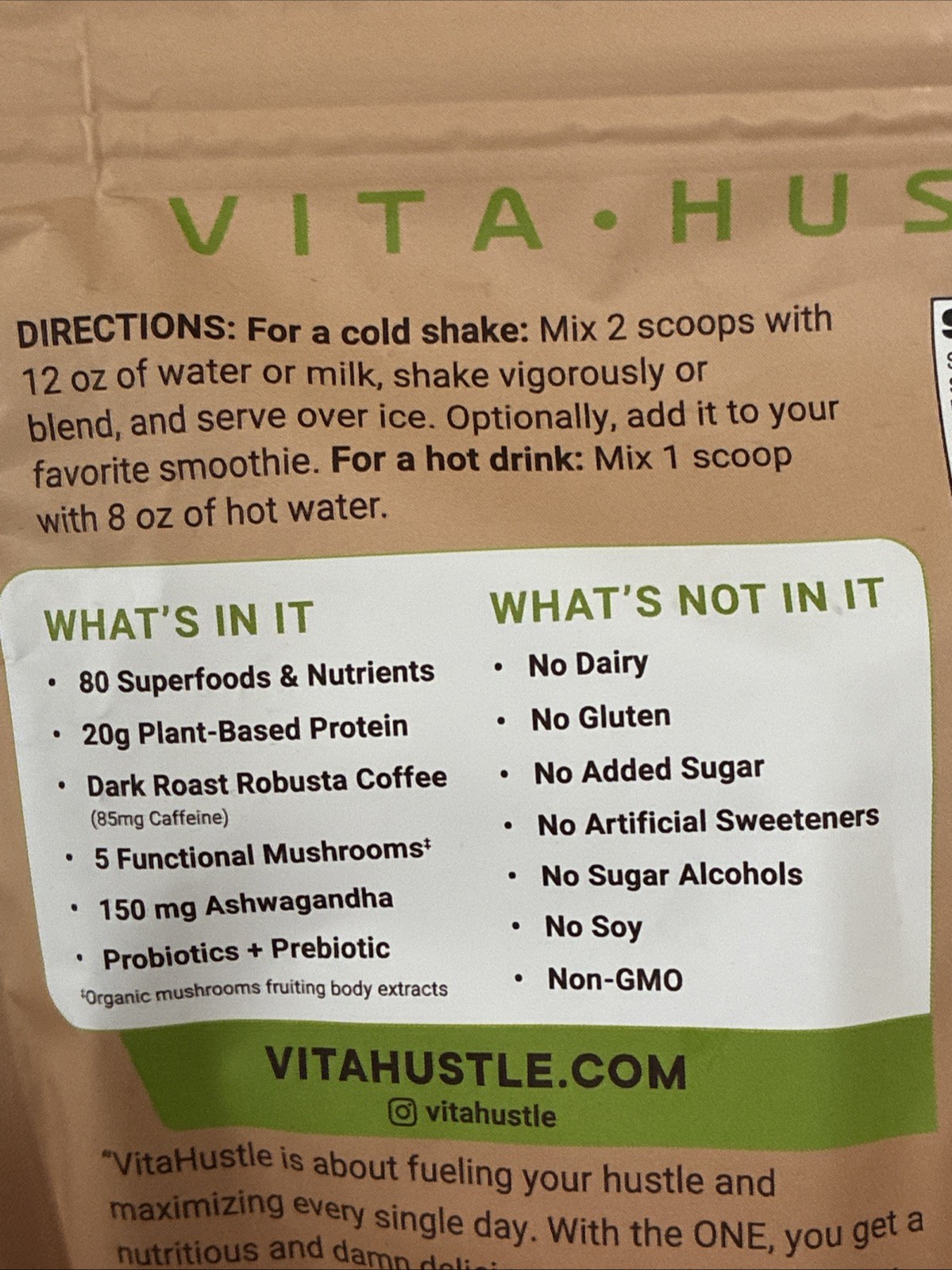 Vita Hustle ONE Superfood Protein Cafe Latte Caffeine Mix Powder Vegan 1.47 Lbs