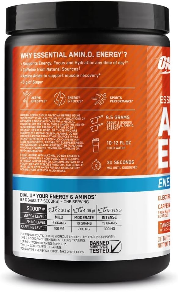 Amino Energy Powder with BCAA & Electrolytes – 10.5 oz Tangerine Wave Flavor
