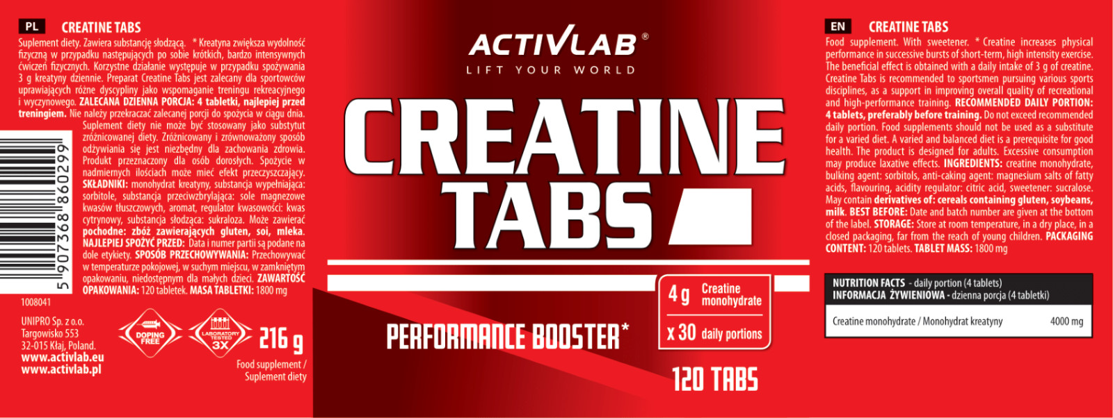 ACTIVLAB CREATINE TABS 120 tablets Creatine Monohydrate