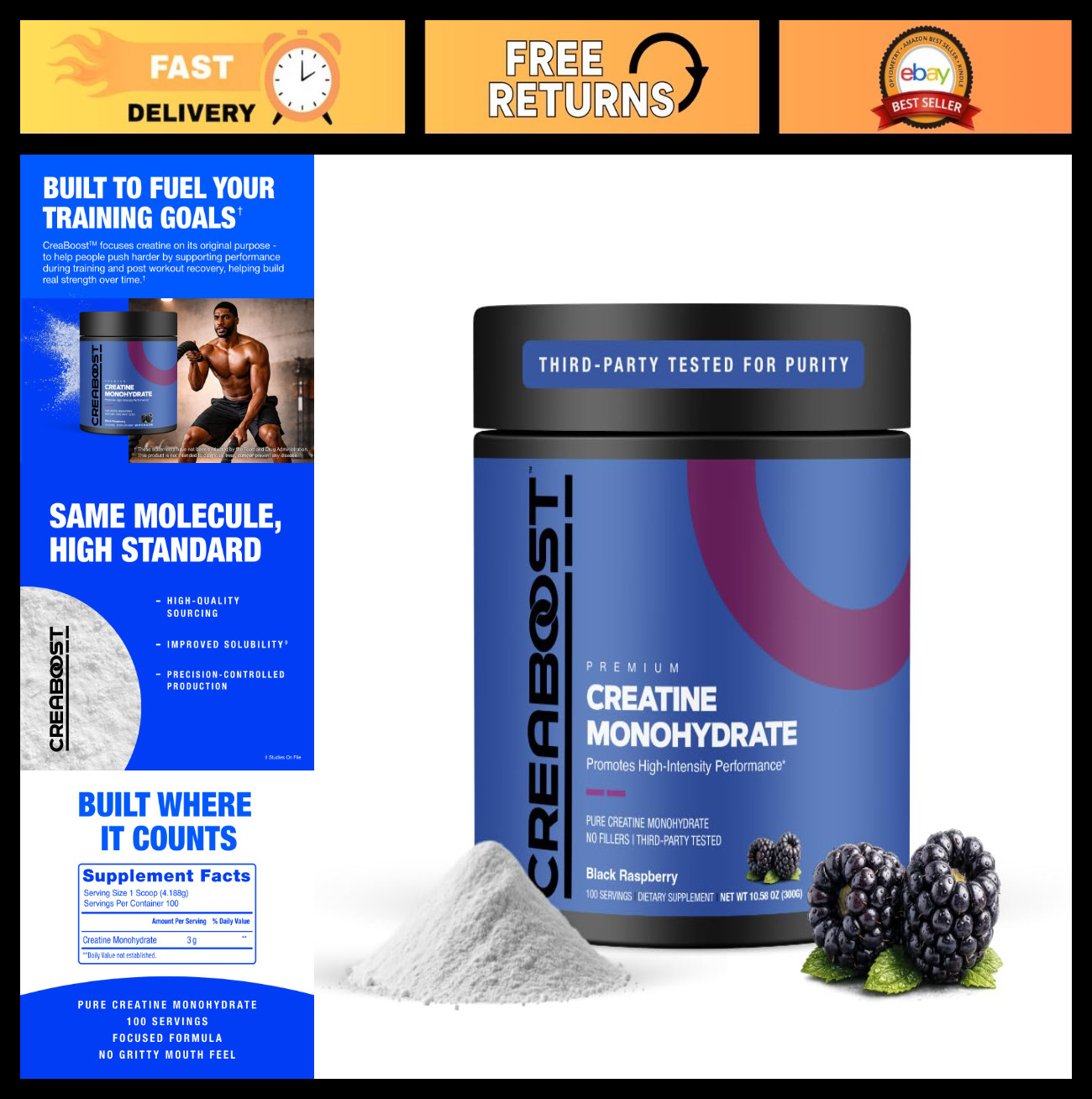 High-Purity Creatine Monohydrate Powder – Black Raspberry Flavor, Muscle Growth