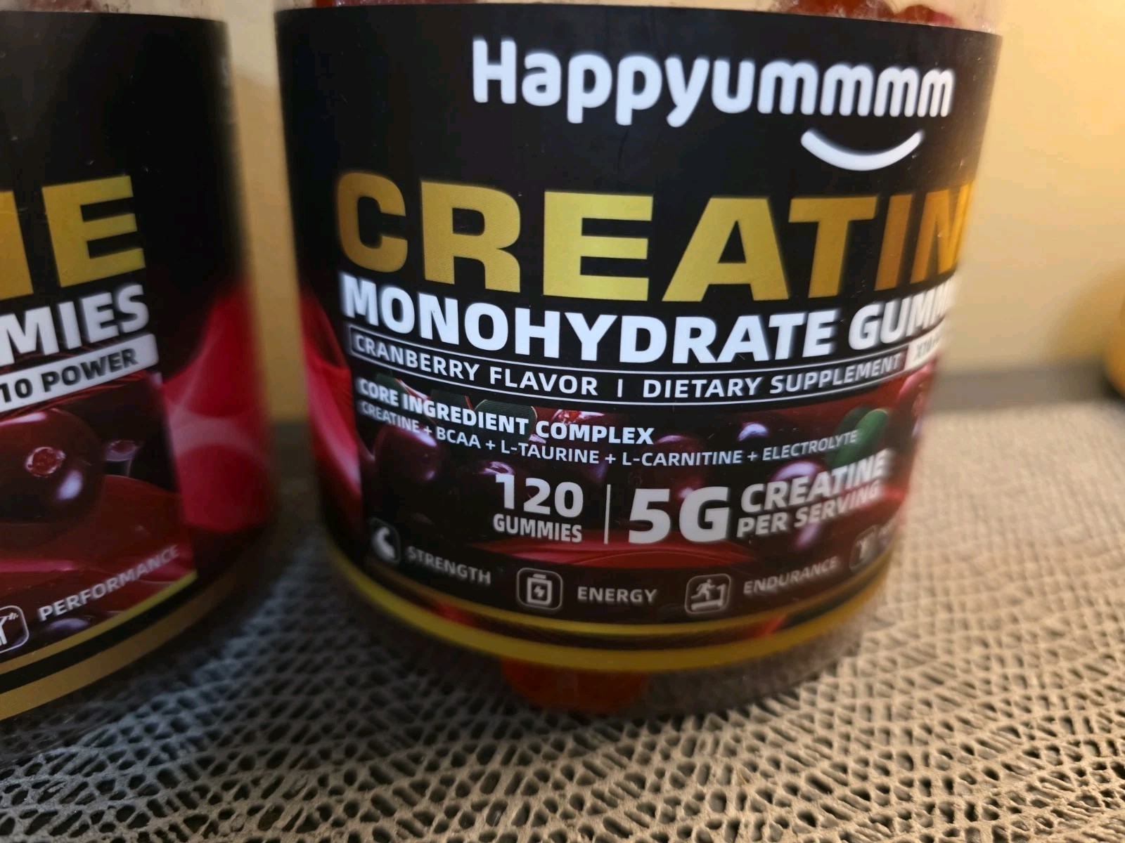 Happyummmm Creatine Monohydrate Gummies, 2 Pack, Cranberry Flavor, 120 Gummies