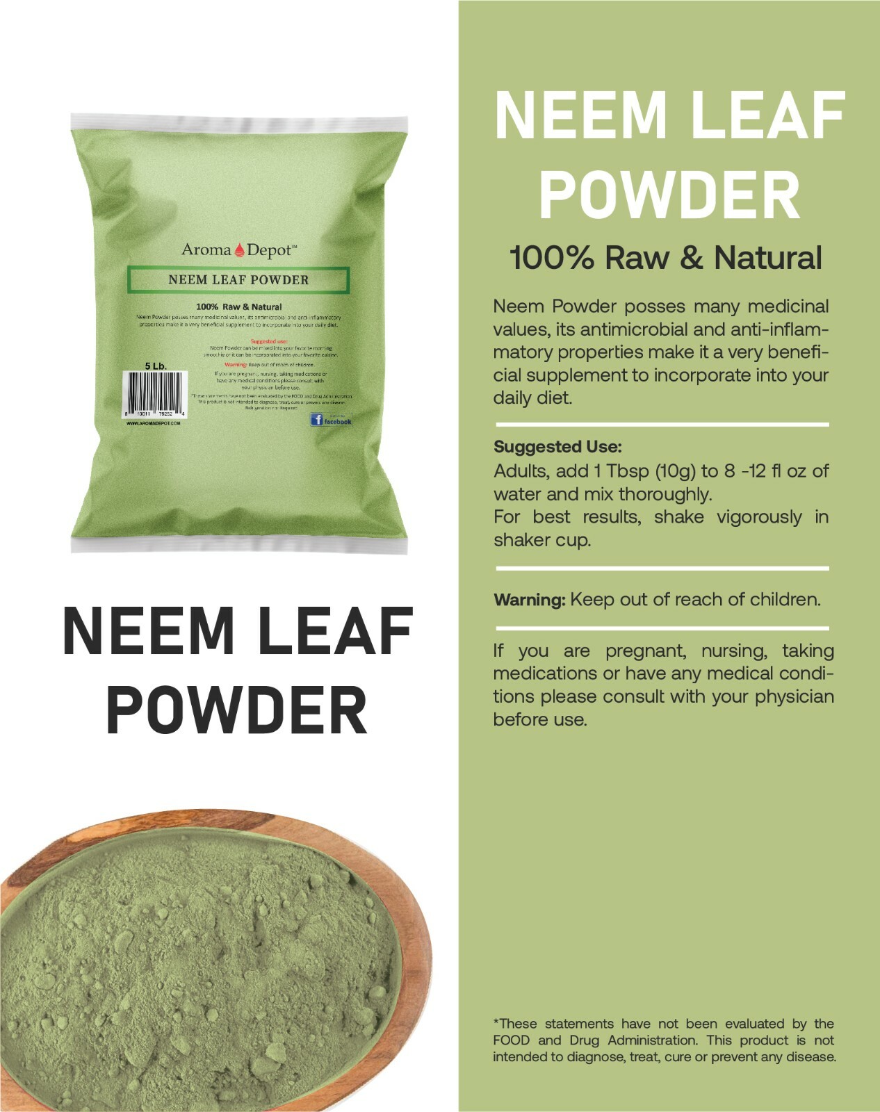 1lb Neem Powder Dried Leaf JAR Pure & Natural Raw (Azadirachta indica) Eczema