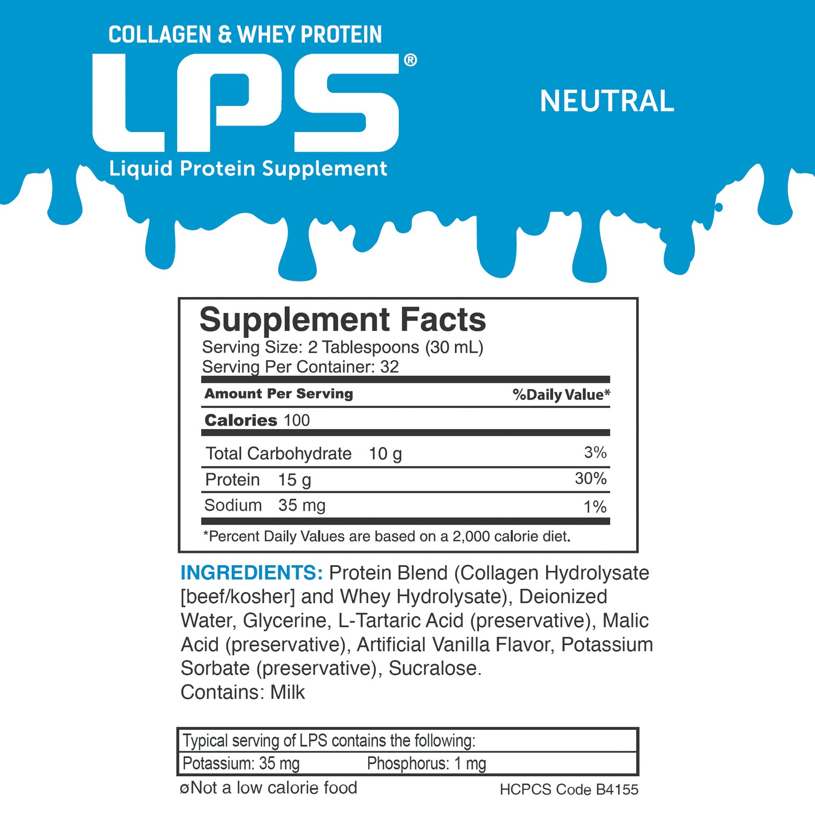 LPS Liquid Protein Supplement Collagen & Whey Sugar Free 15 Grams 32 Fl Oz.