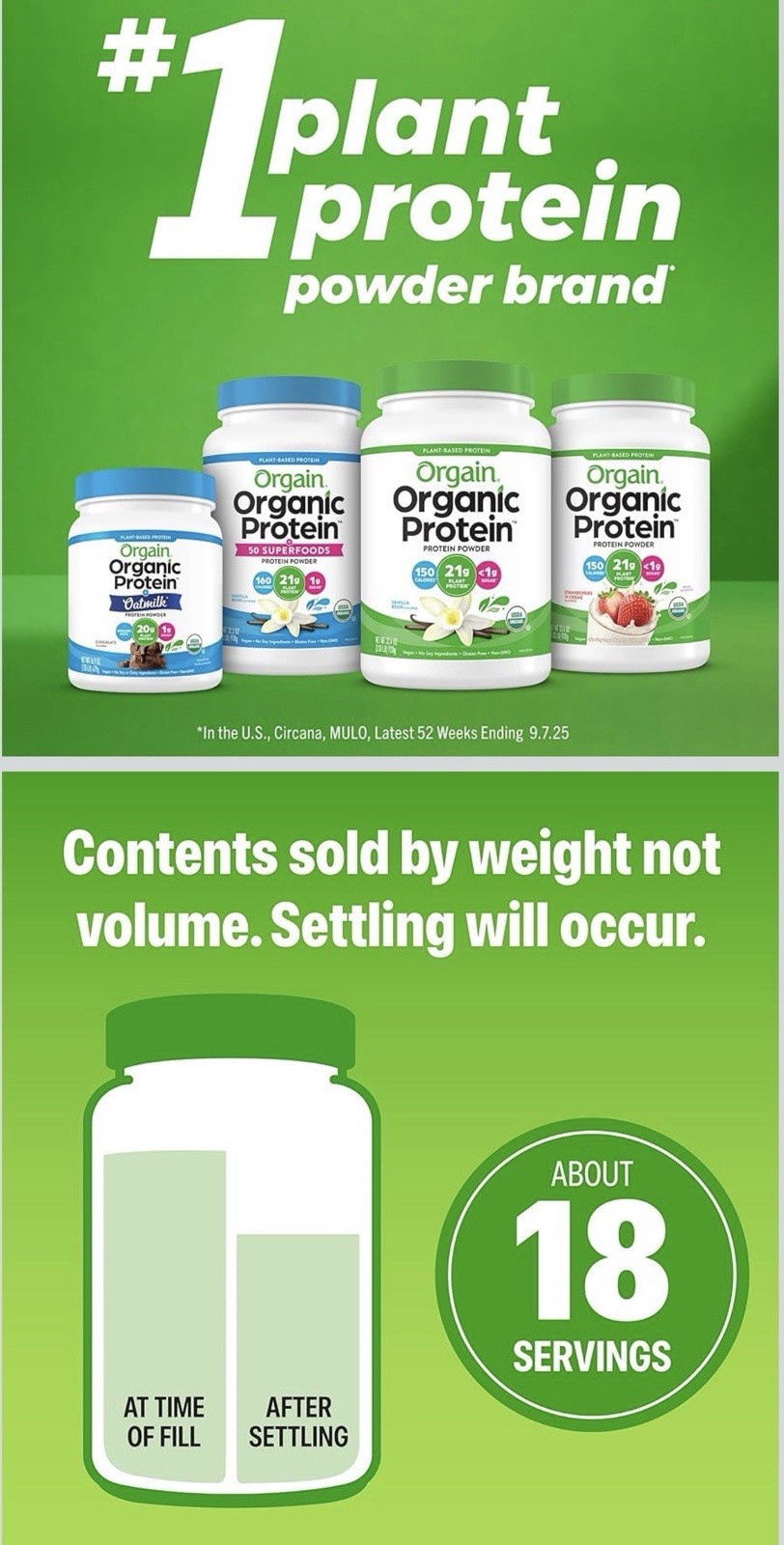 Orgain Organic Plant-Based Protein Powder Vanilla Bean Vegan 2.02 lb 18 Serv