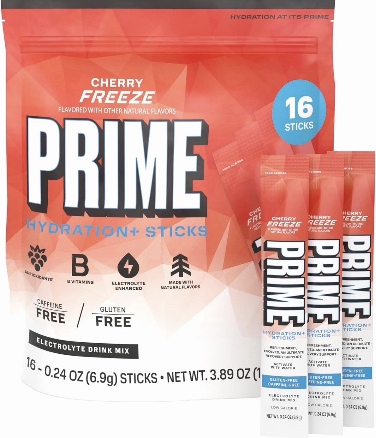 PRIME Electrolyte Hydration Powder Mix 16 Sticks Caffeine-Free Cherry Freeze