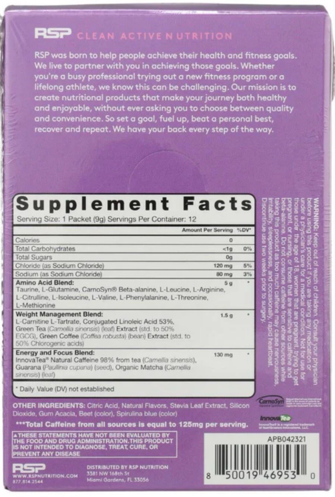 RSP Aminolean Energy Powder Drink Weight Supplement Vegan * 12 – 9g Packets/Box