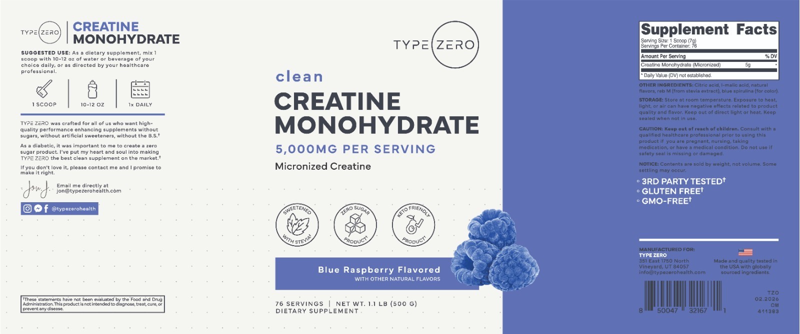TypeZero Creatine Monohydrate Powder 500 Grams, Blue Raspberry Flavor
