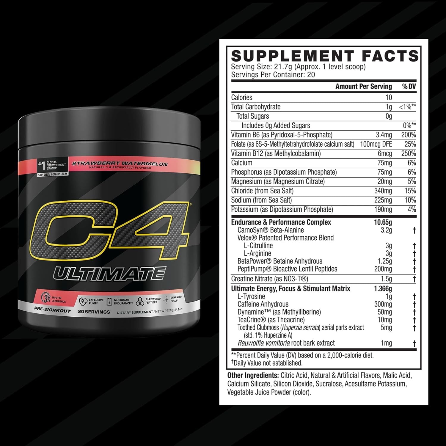 Ultimate Pre-Workout Powder – 300mg Caffeine, 20 Servings, Strawberry Watermelon