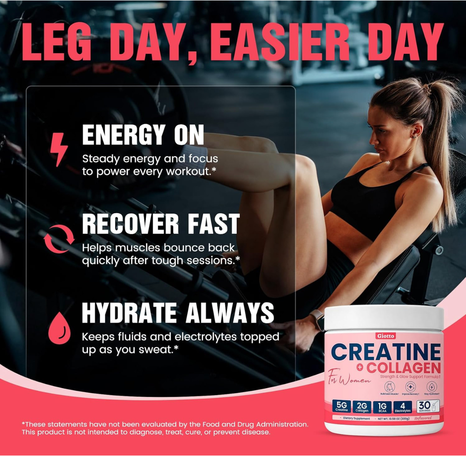 Creatine for Women, USP Grade Micronized Creatine Monohydrate Powder w/ Collagen