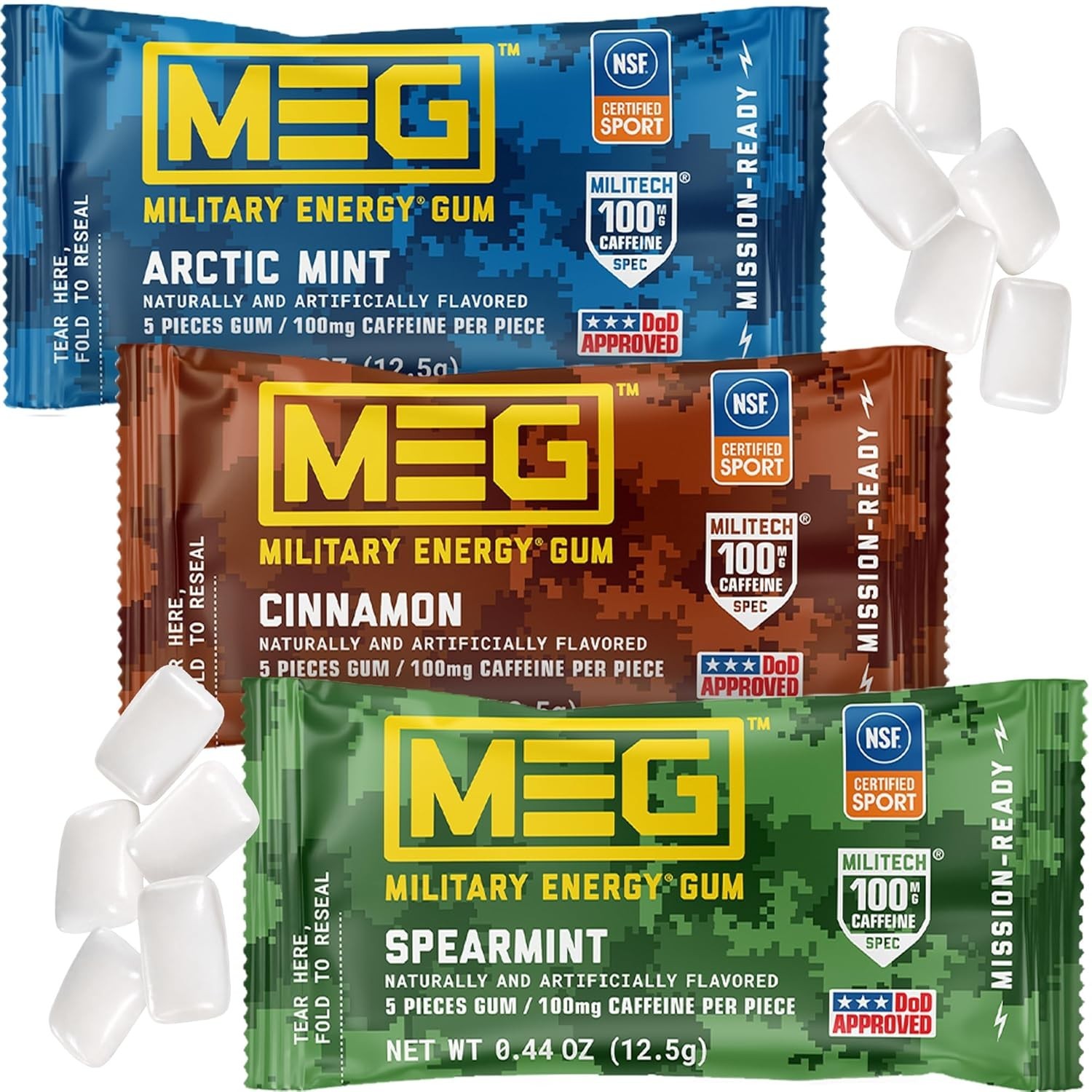 MEG Gum – Military Energy | 100mg of Caffeine Per Green, Red, Light Blue