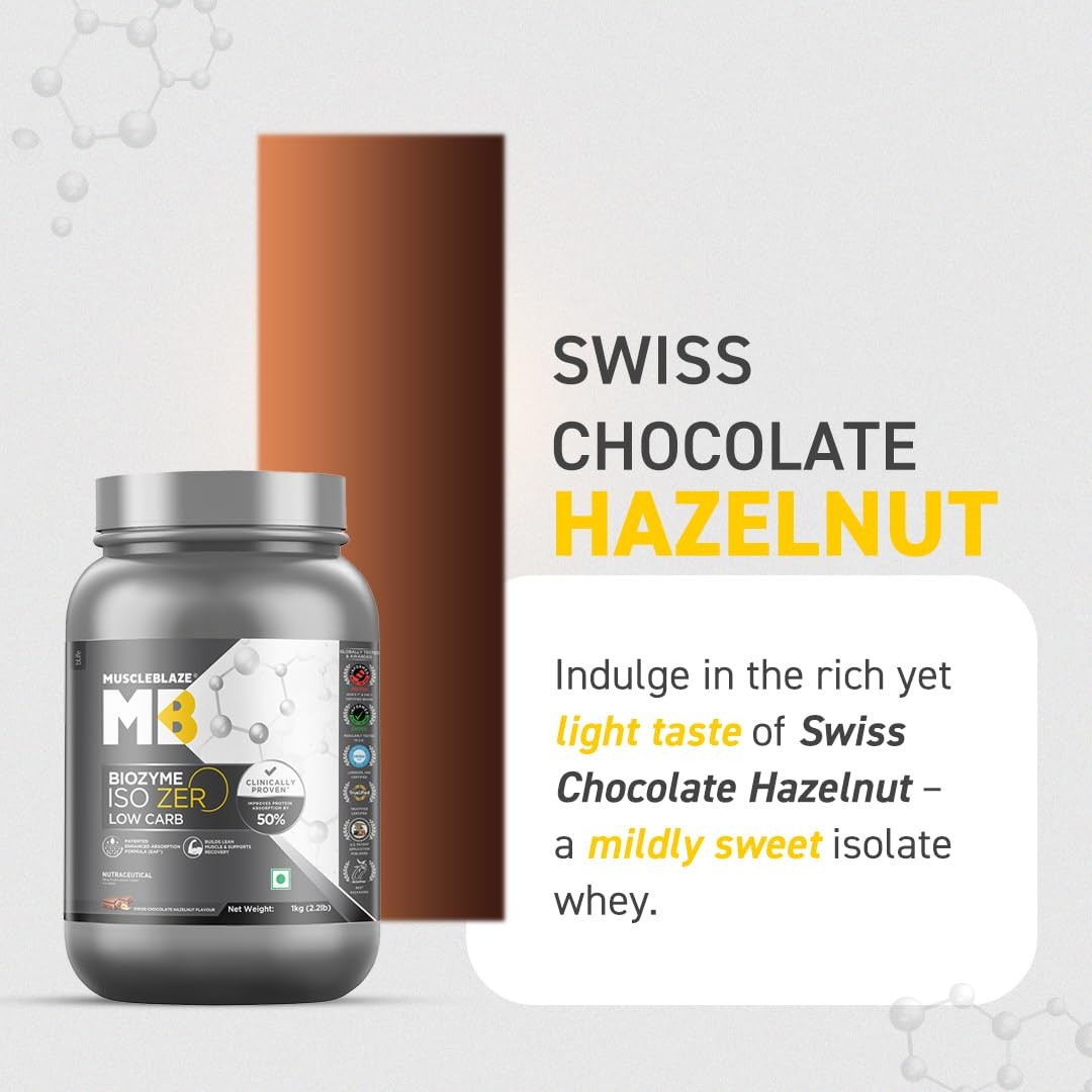 MuscleBlaze Biozyme Iso-Zero 1Kg Swiss Choc Hazelnut | 26.4g Protein