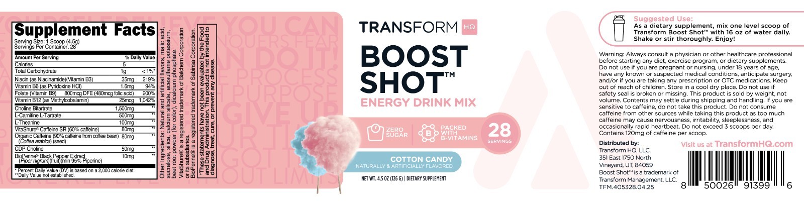 TransformHQ Boost Shot (Cotton Candy) 28 Servings- Powder Supplement