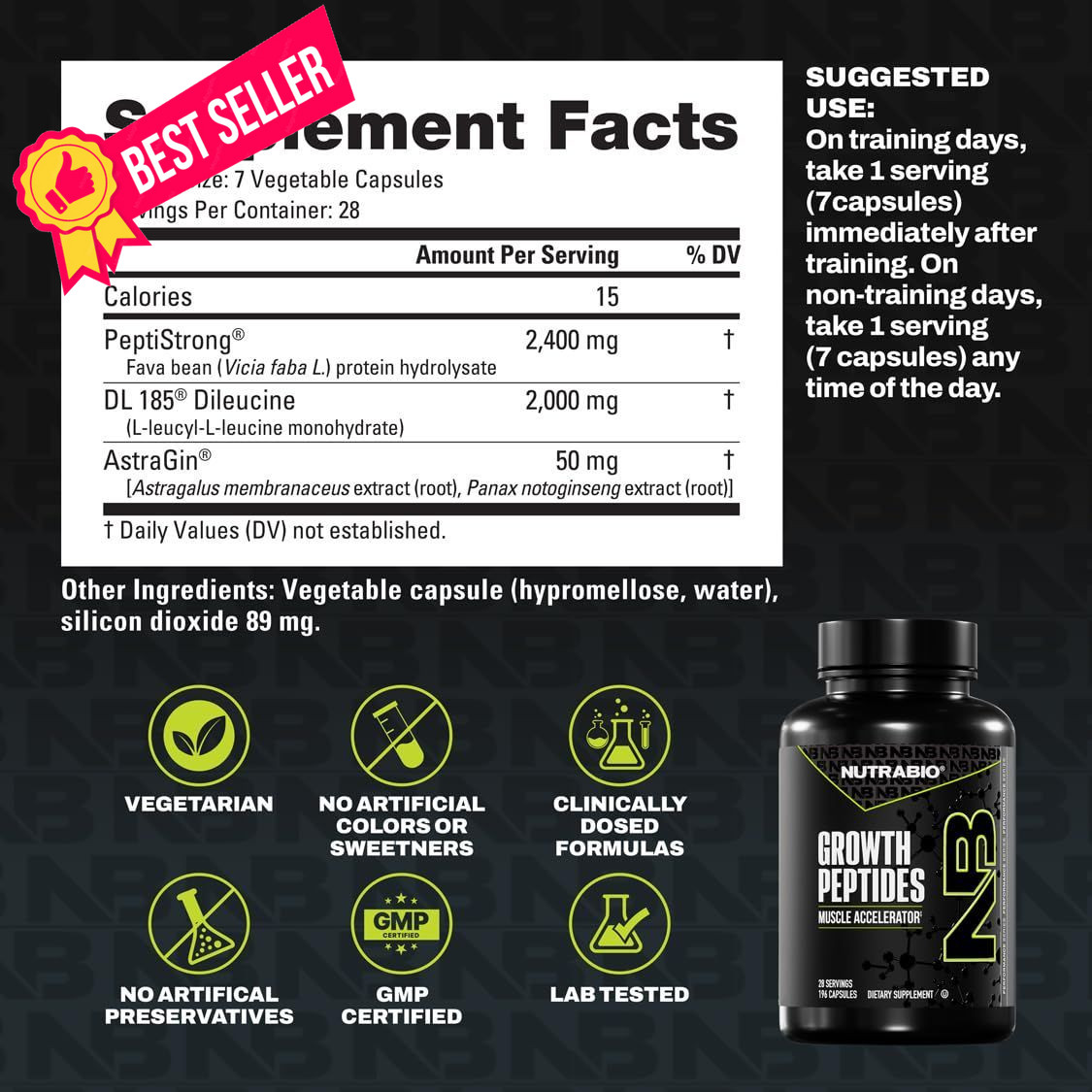 NutraBio Growth Peptides |Muscle Accelerator 196 Count (Pack of 1), No Color