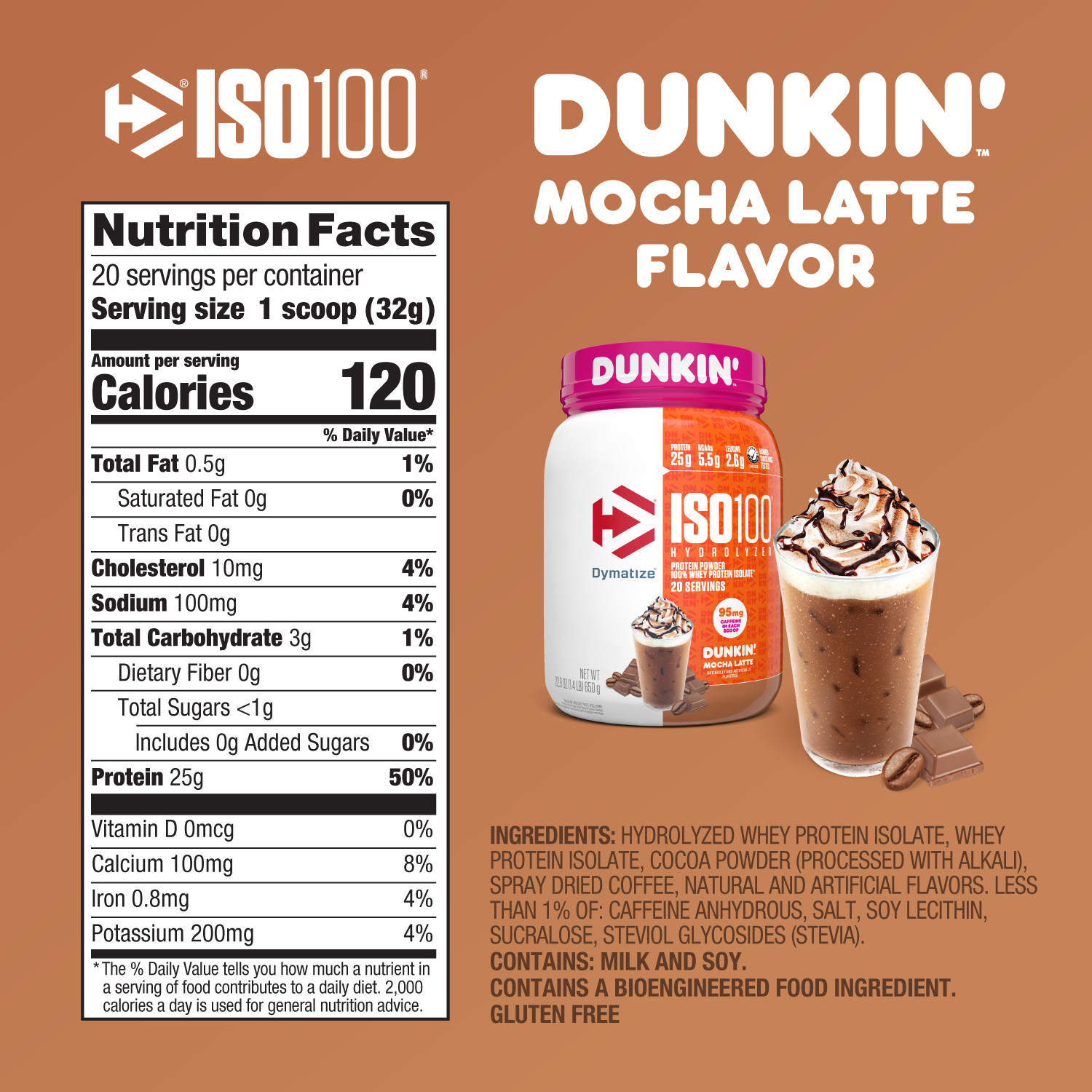 Dymatize ISO100 Hydrolyzed Whey Isolate Protein Powder, Dunkin’ Mocha, 25g Prote