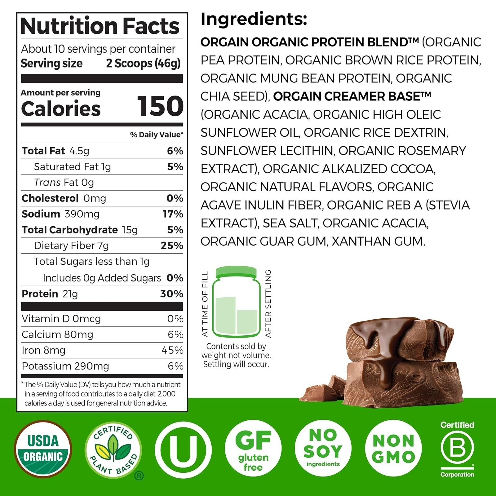 Orgain Organic Vegan Protein Powder 21g Creamy Chocolate Fudge 2.03 lb