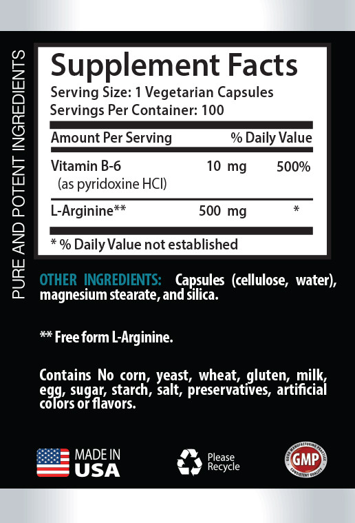 L-Arginine 500mg – Amino Acid Nitric Oxide – Supports Protein Synthesis 100 Caps