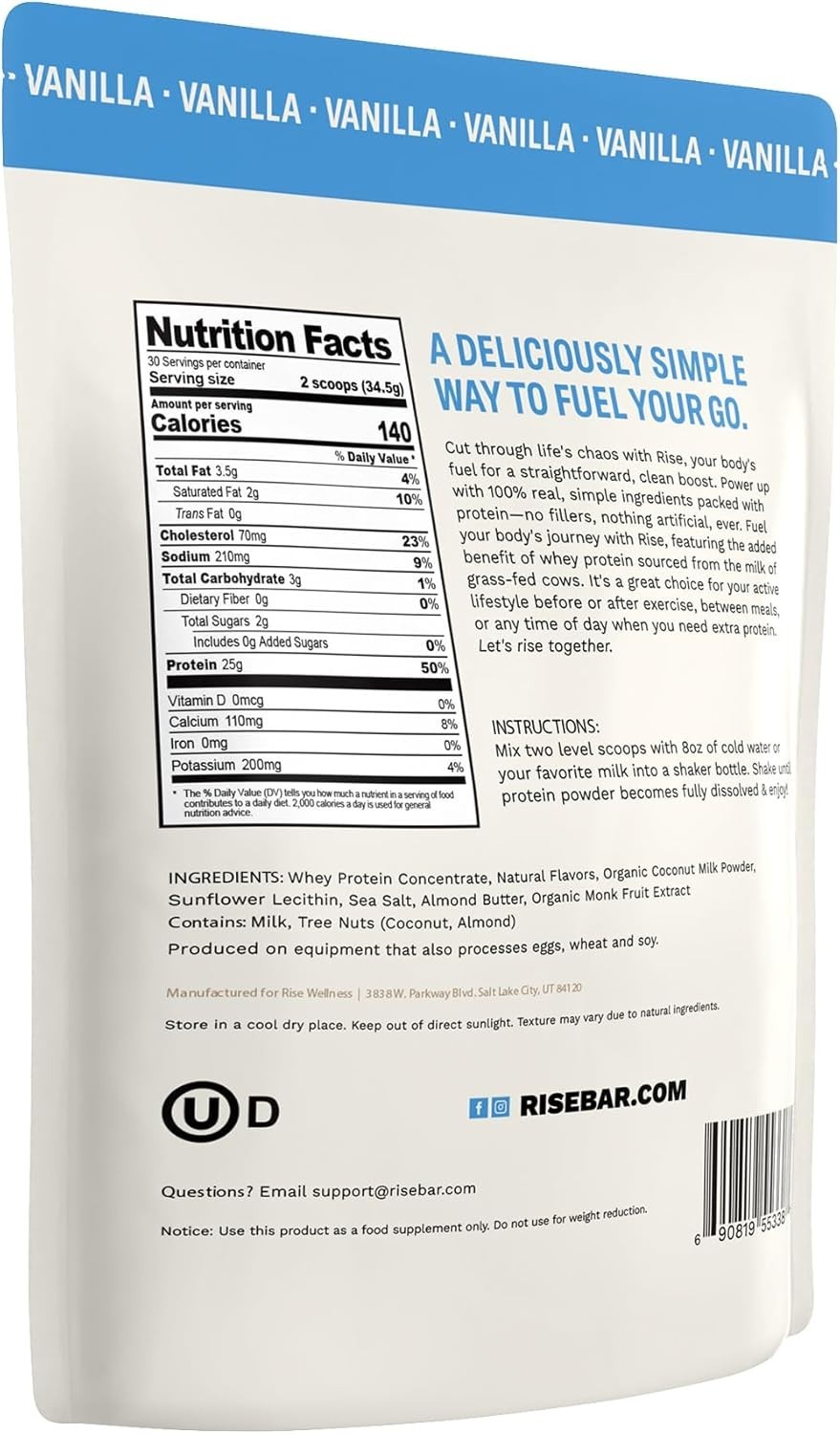 Rise Grass-Fed Whey Protein Vanilla – 25g Protein, No Artificial Ingredients, 2.