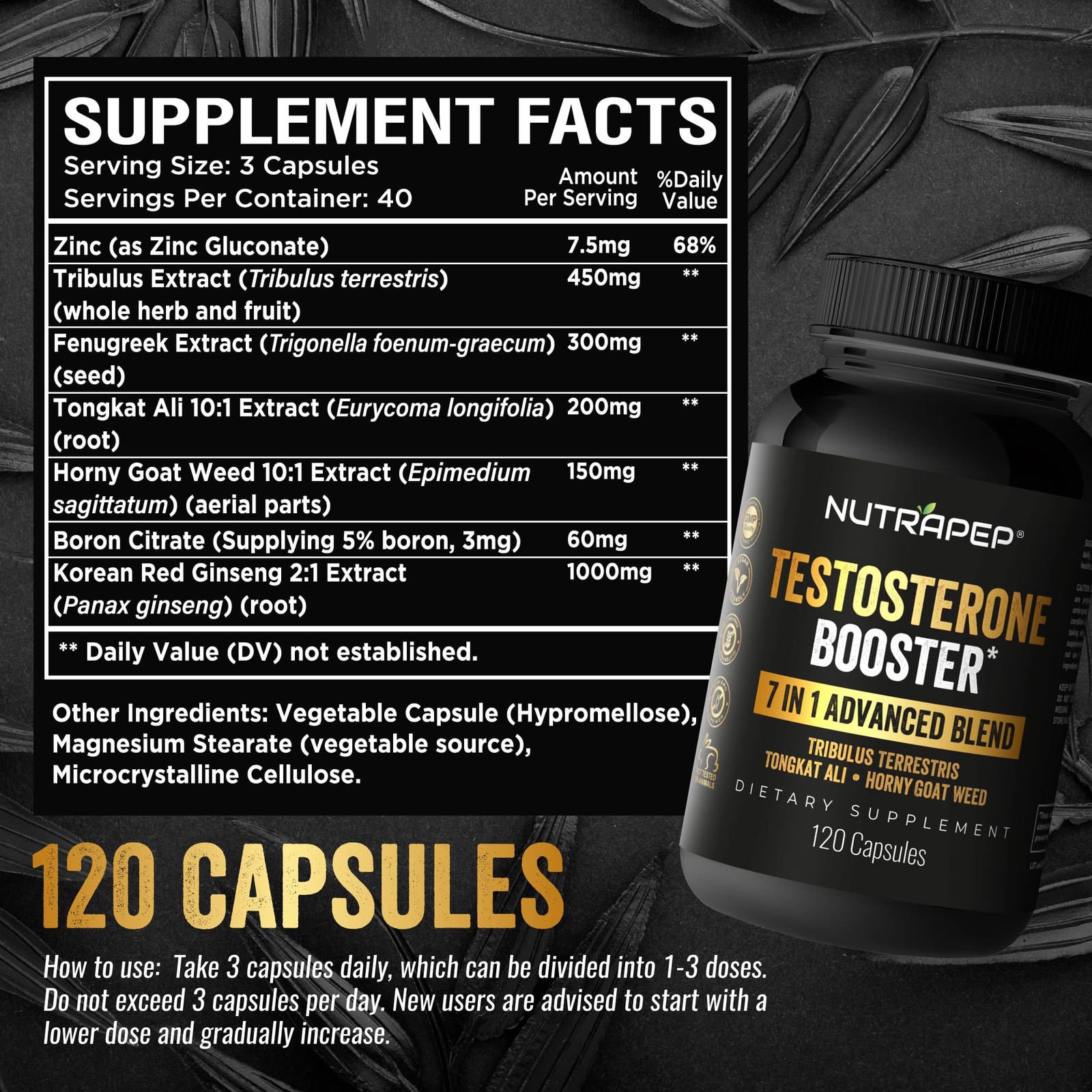 Testosterone Booster Supplement for Men – Natural 120 Count (Pack of 1)