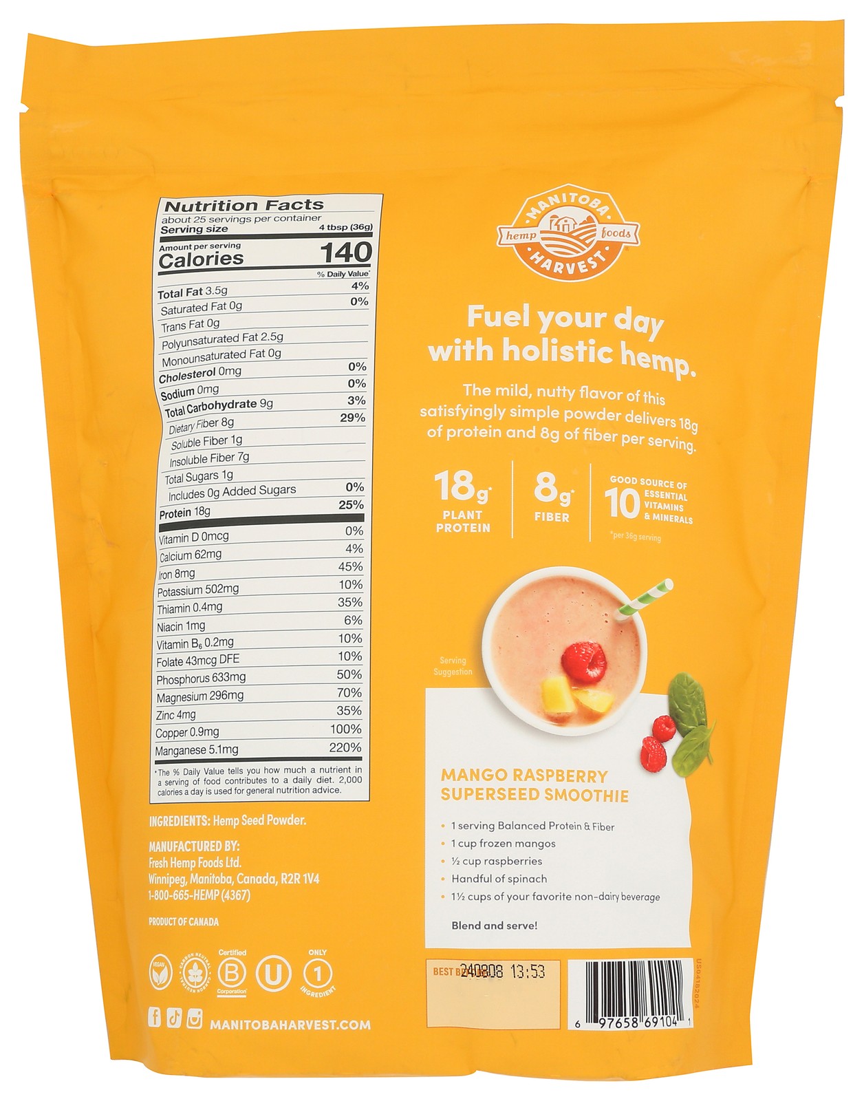 Manitoba Harvest Plant Based Hemp Protein Powder 2 Lb Supplement 2L 1 Pack