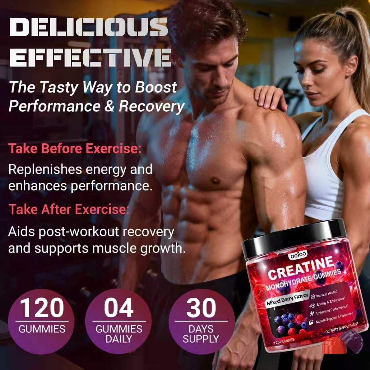 Creatine Monohydrate Gummies for Men & Women, Sugar Free, Vegan, (120 Gummies)