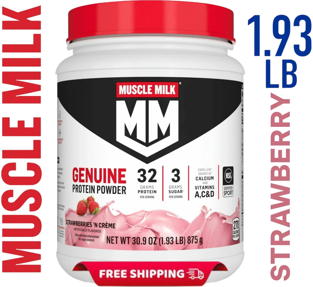Muscle Milk Genuine Protein Powder Strawberries Crème 32G Protein 30.9oz 1.93 LB