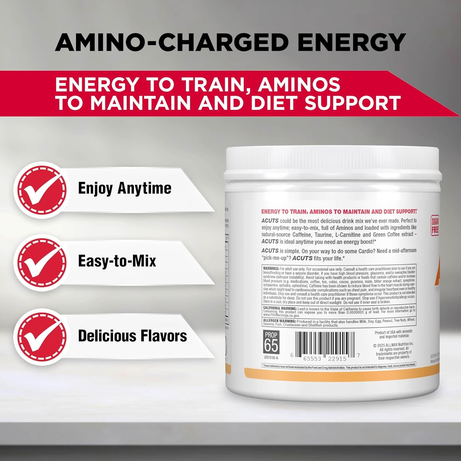 ACUTS Amino Energy Powder with Amino Acids Supplement, Peach Mango, 30 Servings,