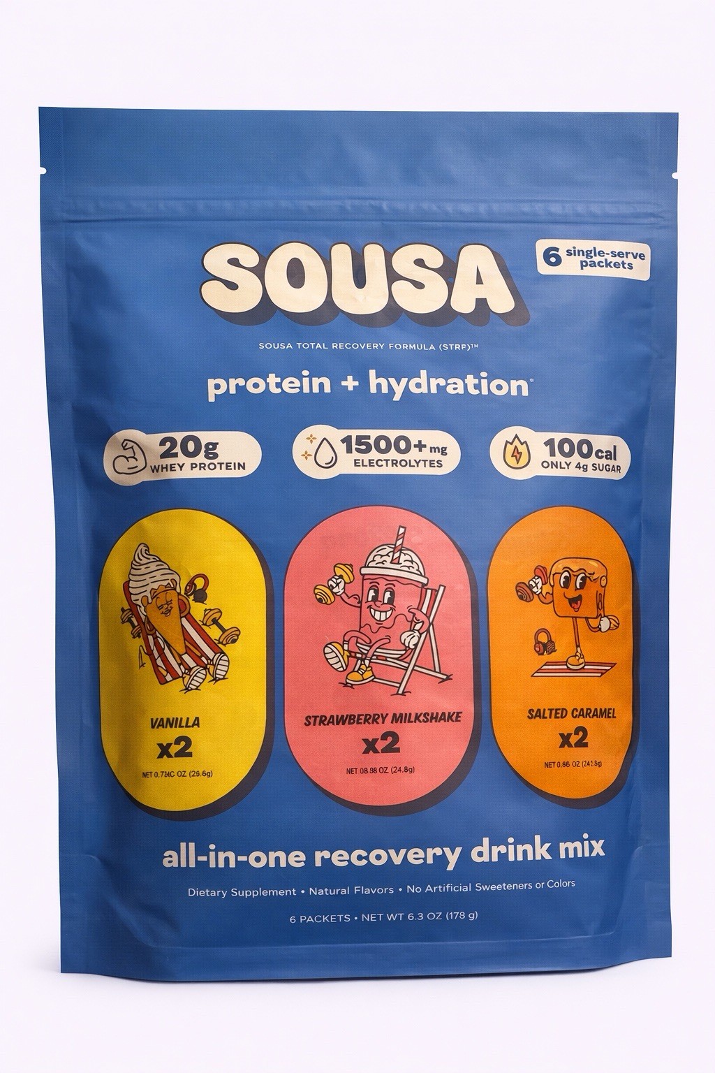 Sousa Protein + Hydration Recovery Drink Mix 6 Packets Vanilla Strawberry Salted
