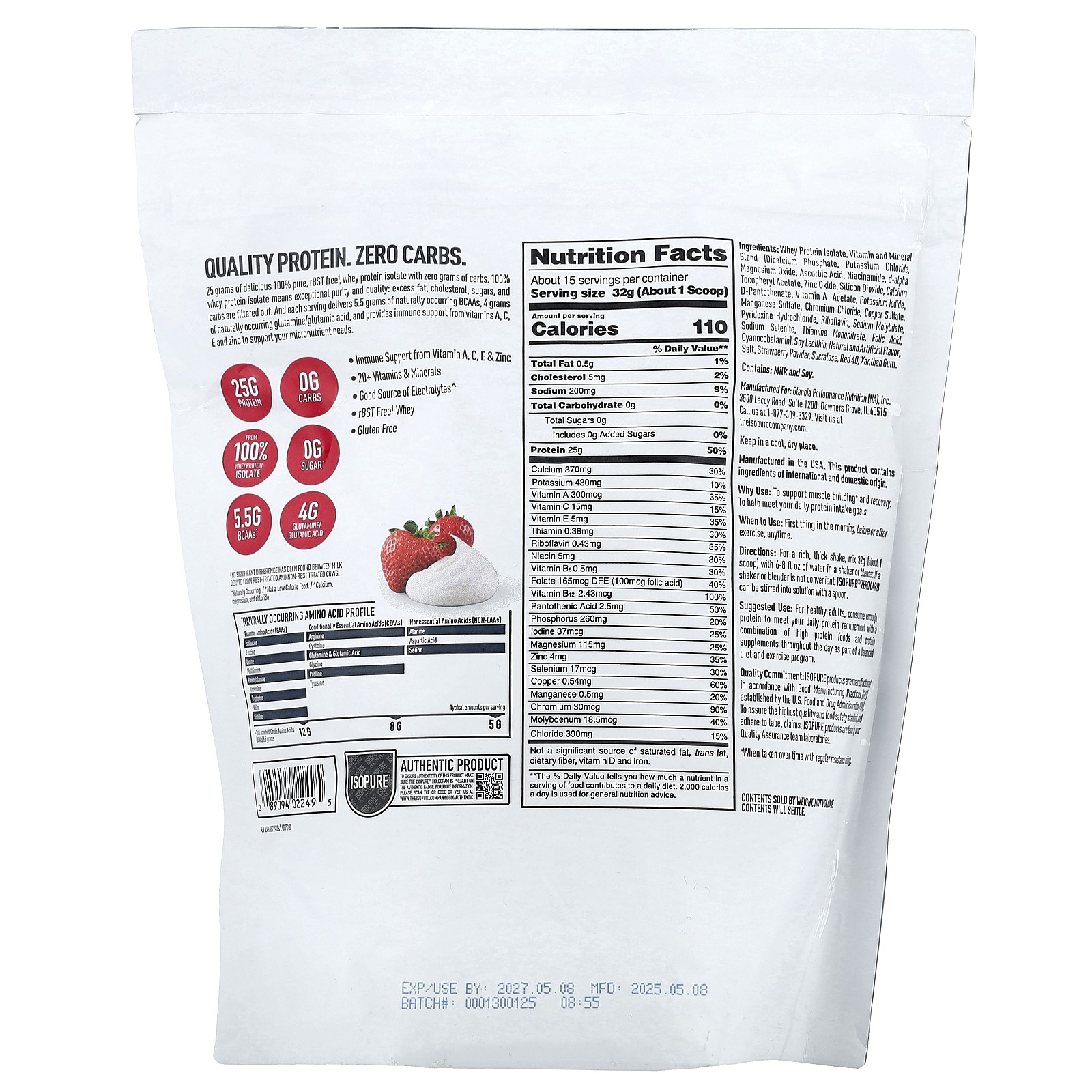 Zero Carb Protein Powder, Strawberries & Cream, 1 lb (454 g)