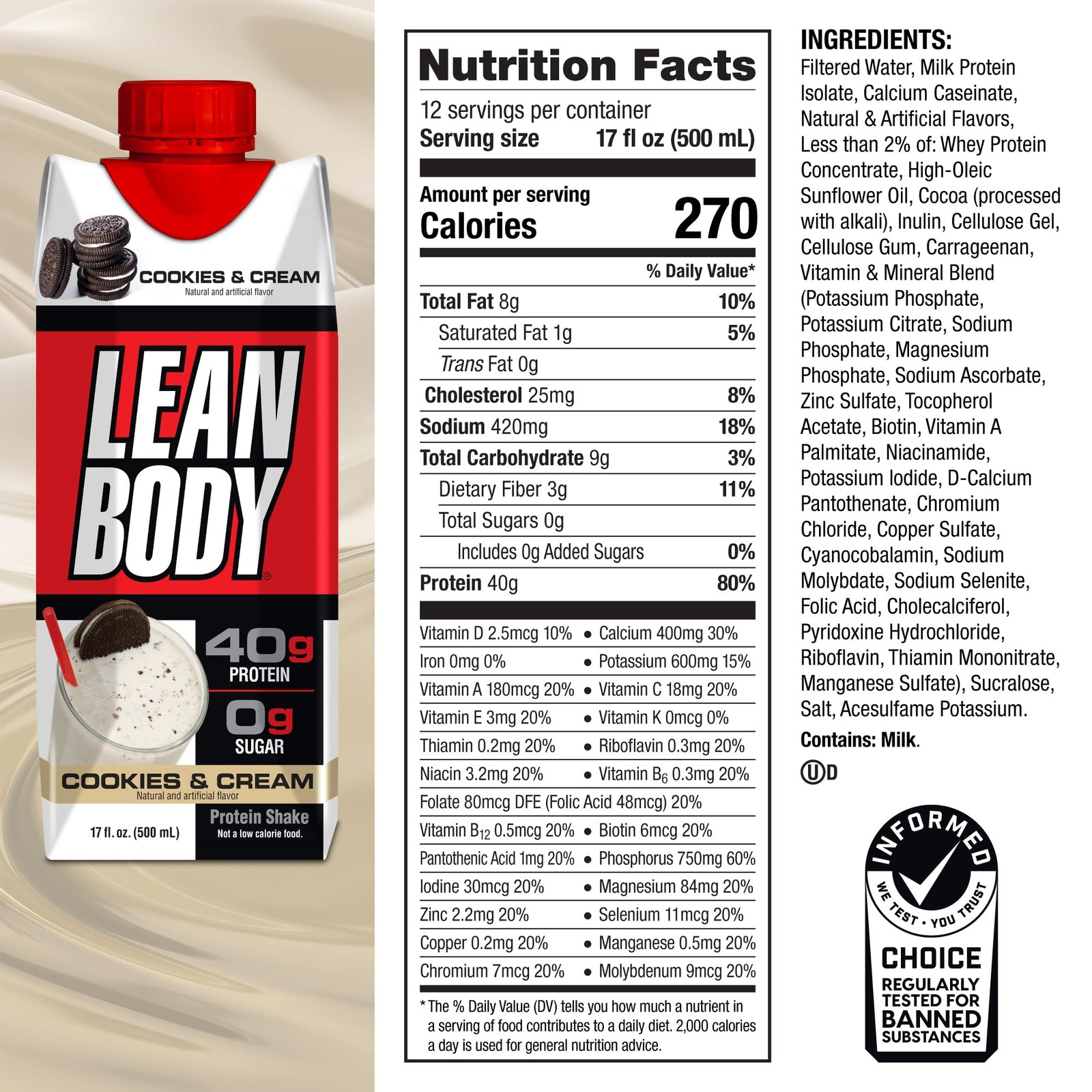 Labrada Lean Body Ready-to-Drink Cookies and Cream 17 Fl Oz (Pack of 12)