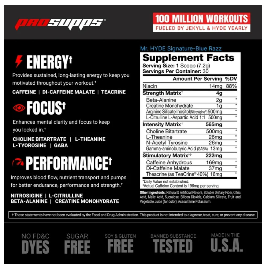 ProSupps Mr. Hyde Signature Pre-Workout Powder Blue Razz 14.7 oz
