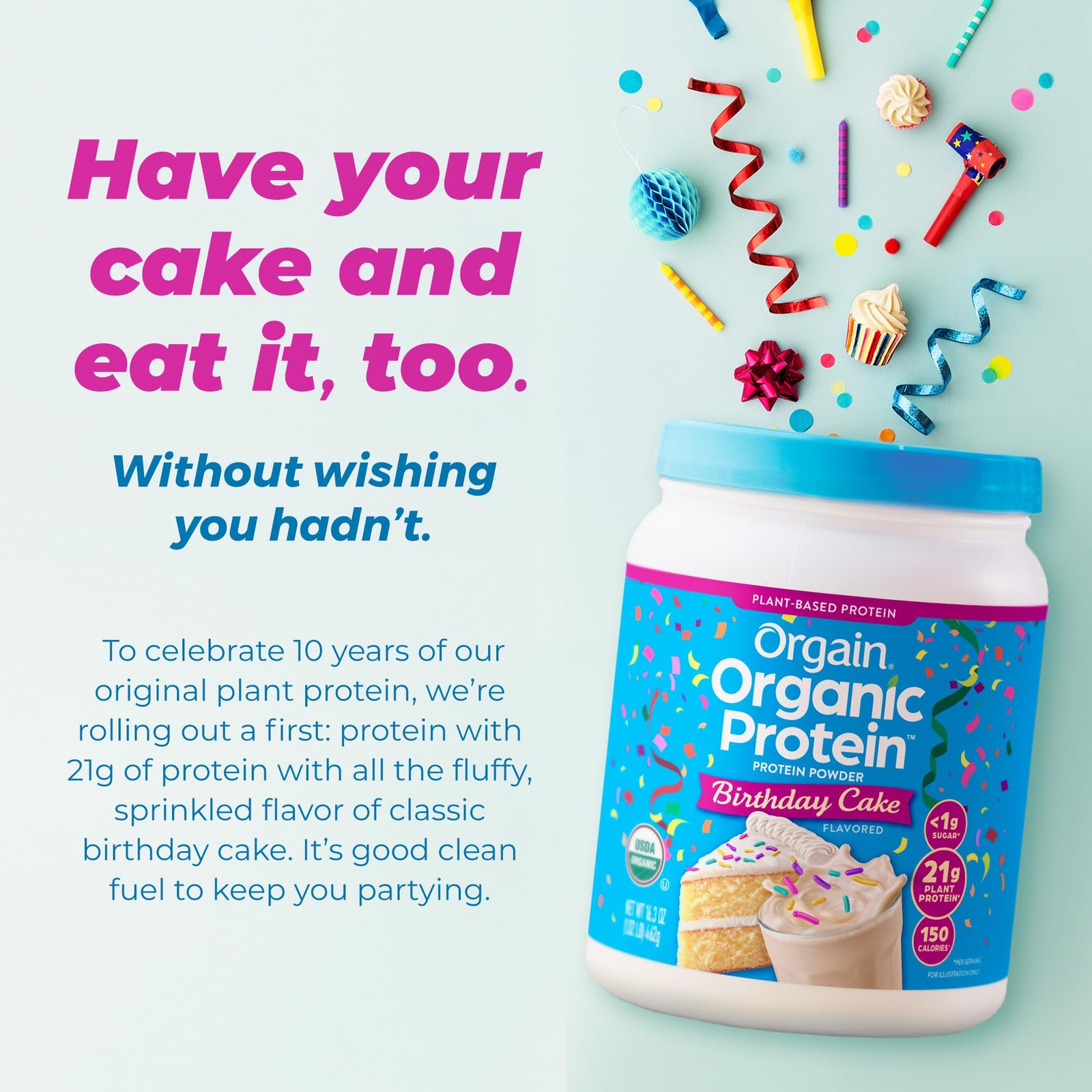 Orgain Organic Vegan Protein Powder Birthday Cake – 21G Plant Based Protein 7G