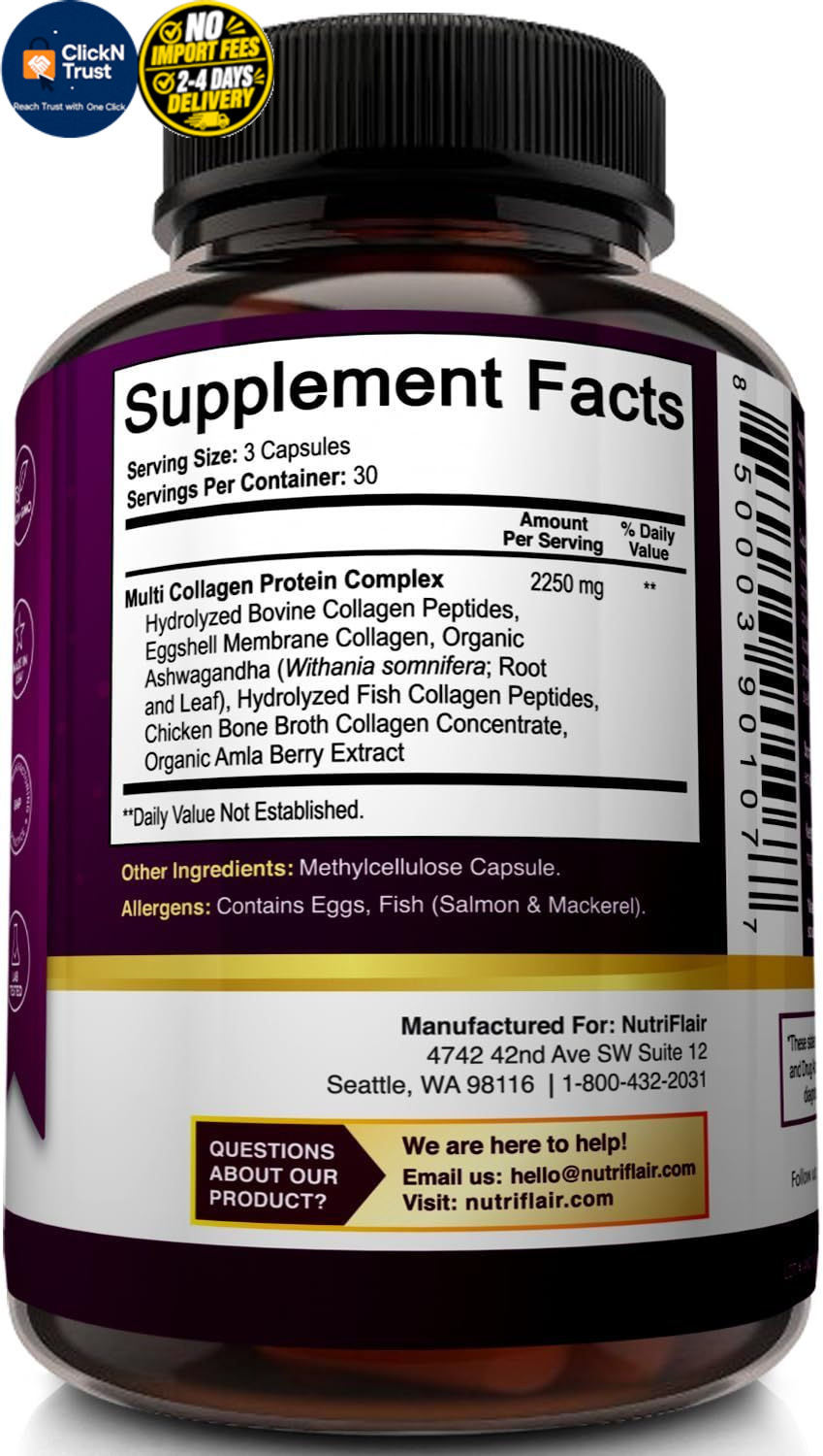 NutriFlair Multi Collagen Peptides 2250mg, 90 Capsules – 90 Count (Pack of 1)