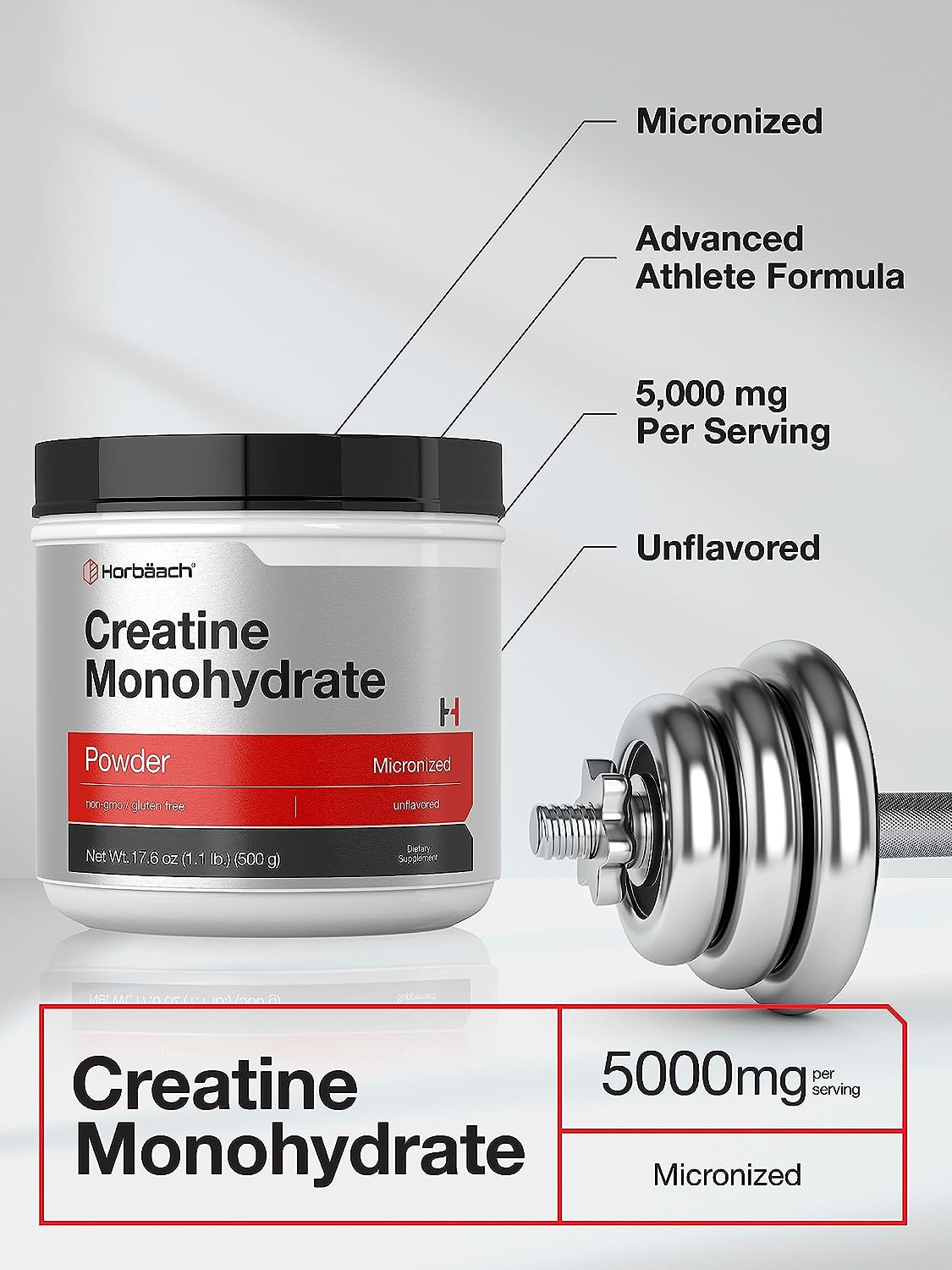 Creatine Monohydrate Powder 17.6 oz Non-GMO & Gluten Free Supplement by Horbaach