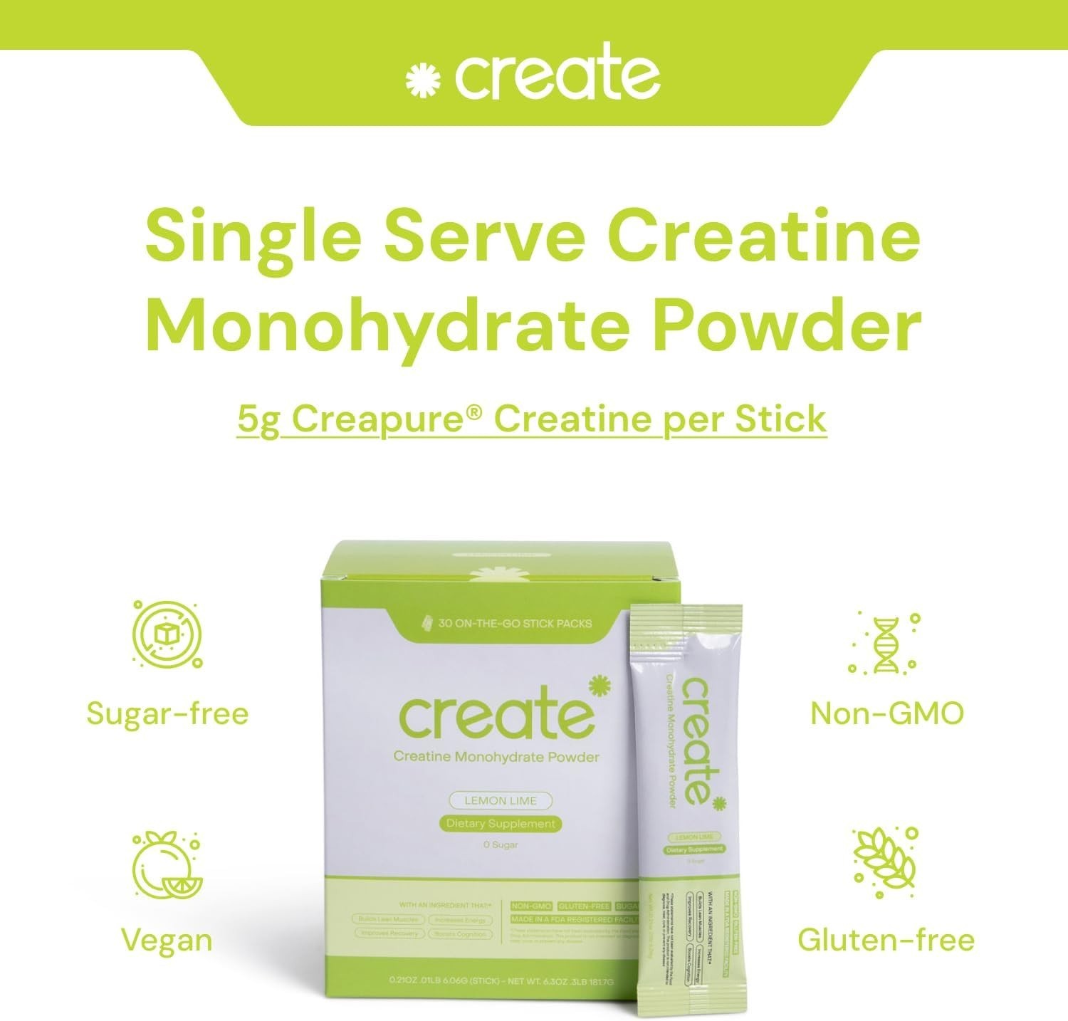 Create Creatine Monohydrate Powder Sticks-30 ct Variety Lemon Lime-Mix Berry etc