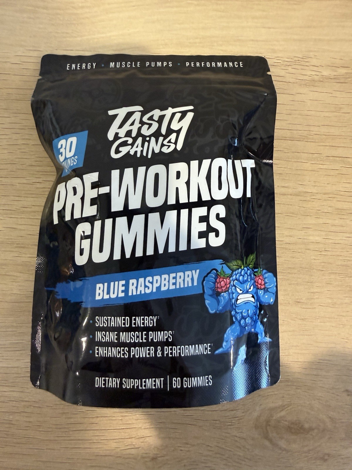 Tasty Gains Pre-Workout Gummies Blue Raspberry Dietary Supplement 30 Servings
