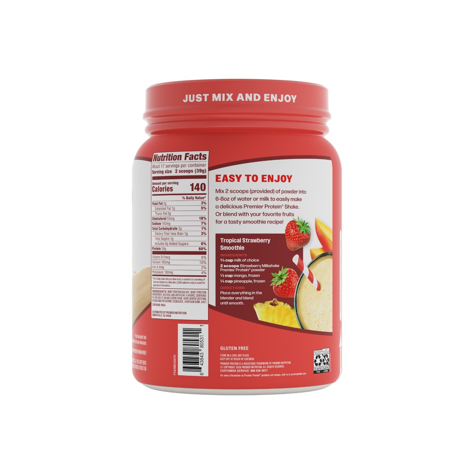 Premier Protein 100% Whey Protein Powder, Strawberry Milkshake, 30g Protein, 23.