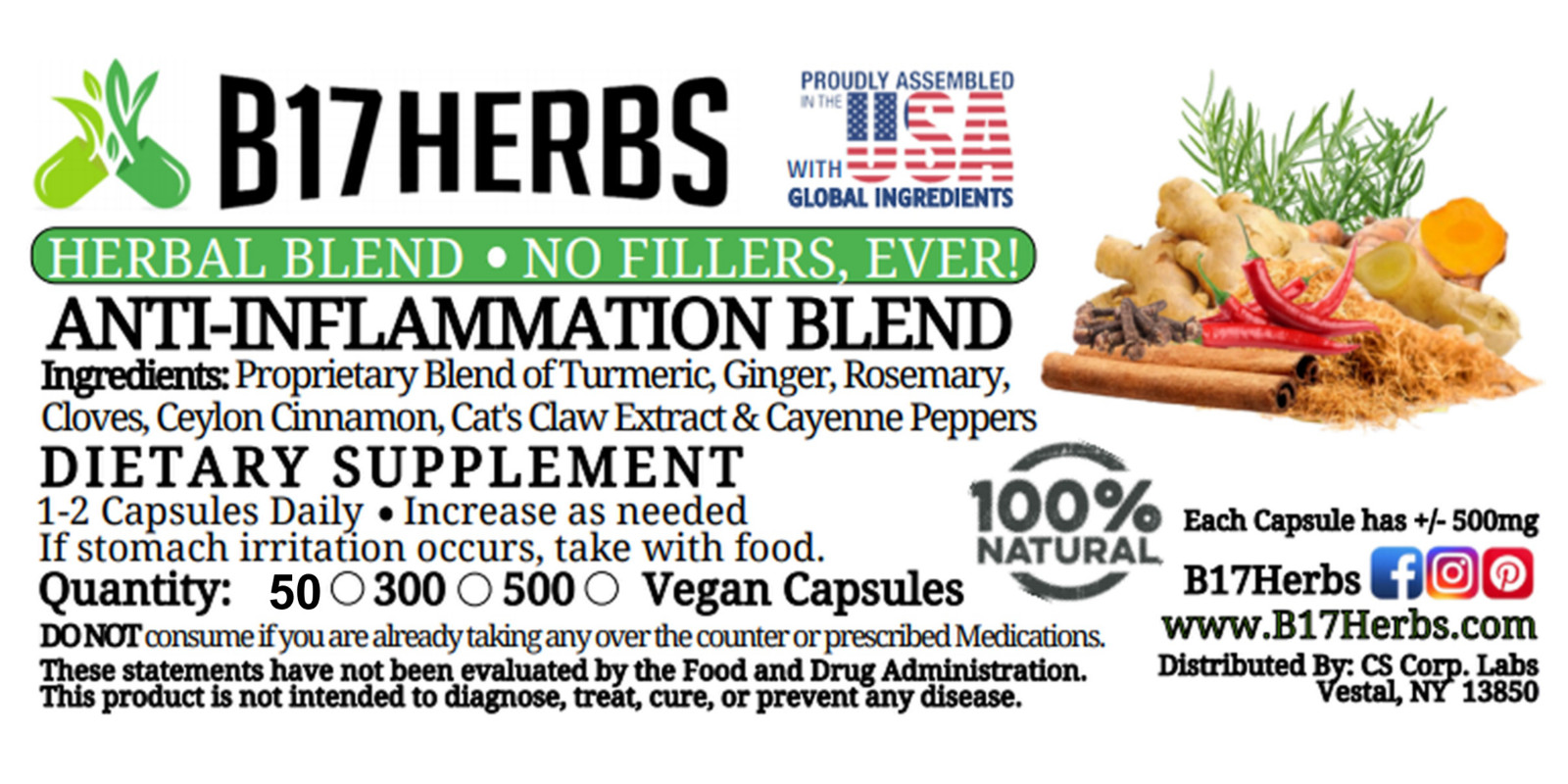 Turmeric Blend w/ Ginger | Cayenne | Clove | Cinnamon | Anti Infla. Blend 50 ct